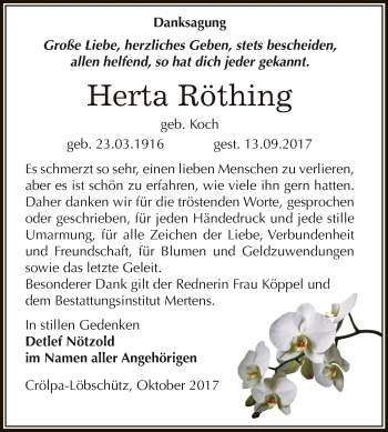 Traueranzeige von Herta Röthing von WVG - Wochenspiegel NMB / WSF / ZTZ