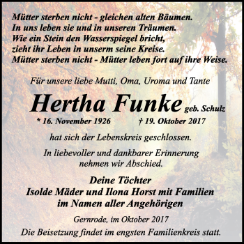 Traueranzeige von Hertha Funke von Mitteldeutsche Zeitung Quedlinburg