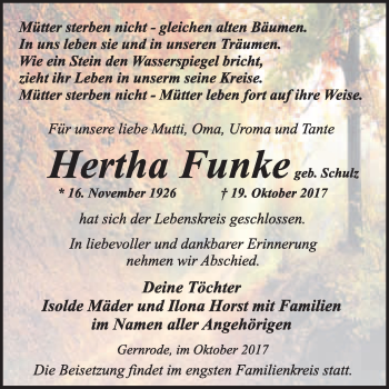 Traueranzeige von Hertha Funke von WVG - Wochenspiegel Quedlinburg