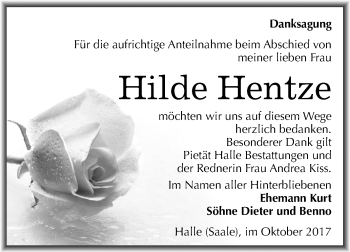 Traueranzeige von Hilde Hentze von Mitteldeutsche Zeitung Halle/Saalkreis