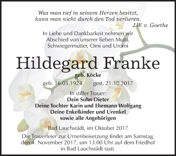 Traueranzeige von Hildegard Franke von Mitteldeutsche Zeitung