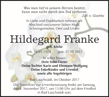 Traueranzeige von Hildegard Franke von WVG - Wochenspiegel Merseburg