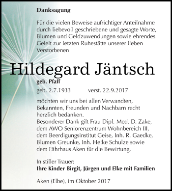 Traueranzeige von Hildegard Jäntsch von WVG - Wochenspiegel Dessau / Köthen