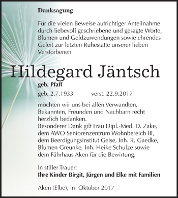 Traueranzeige von Hildegard Jäntsch von Mitteldeutsche Zeitung Köthen