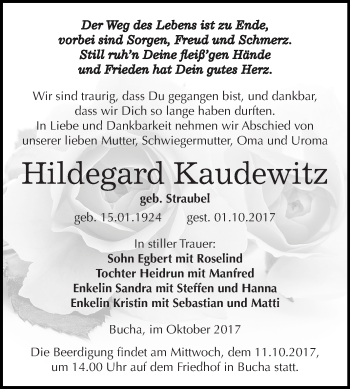Traueranzeige von Hildegard Kaudewitz von Mitteldeutsche Zeitung