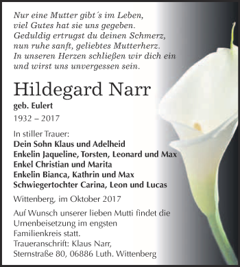 Traueranzeige von Hildegard Narr von WVG - Wochenspiegel Wittenberg