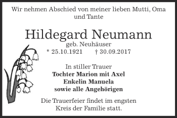 Traueranzeige von Hildegard Neumann von WVG - Wochenspiegel Dessau / Köthen