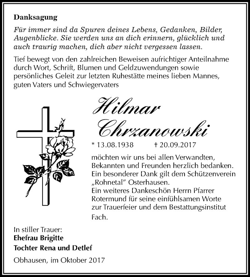 Traueranzeige für Hilmar Chrzanowski vom 21.10.2017 aus Mitteldeutsche Zeitung Merseburg/Querfurt