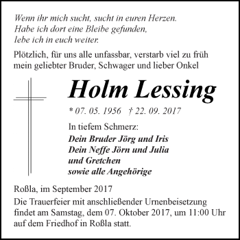 Traueranzeige von Holm Lessing von WVG - Wochenspiegel SGH
