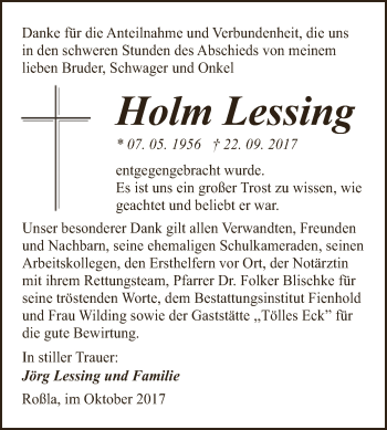 Traueranzeige von Holm Lessing von Super Sonntag SGH Mansf. Land