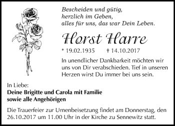 Traueranzeige von Horst Harre von Mitteldeutsche Zeitung Halle/Saalkreis
