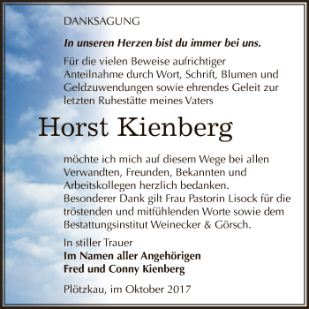 Traueranzeige von Horst Kienberg von Super Sonntag Bernburg