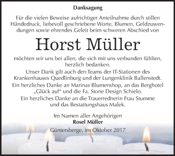 Traueranzeige von Horst Müller von WVG - Wochenspiegel Quedlinburg