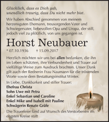 Traueranzeige von Horst Neubauer von Mitteldeutsche Zeitung Bitterfeld