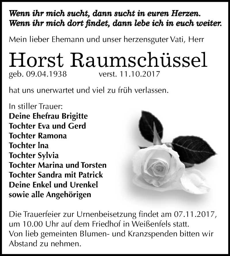  Traueranzeige für Horst Raumschüssel vom 28.10.2017 aus Mitteldeutsche Zeitung Weißenfels
