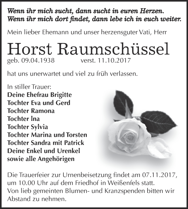  Traueranzeige für Horst Raumschüssel vom 25.10.2017 aus WVG - Wochenspiegel NMB / WSF / ZTZ