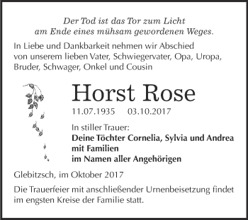 Traueranzeige von Horst Rose von WVG - Wochenspiegel Bitterfeld