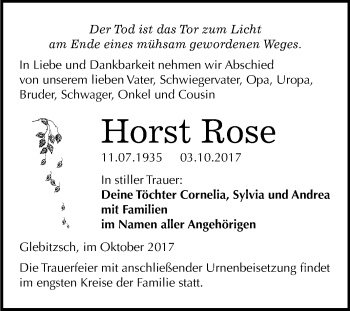Traueranzeige von Horst Rose von Mitteldeutsche Zeitung Bitterfeld