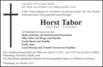 Traueranzeige von Horst Tabor von Super Sonntag Wittenberg