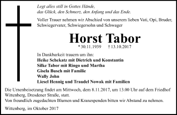 Traueranzeige von Horst Tabor von Mitteldeutsche Zeitung