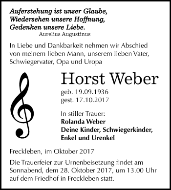 Traueranzeige von Horst Weber von Mitteldeutsche Zeitung Aschersleben