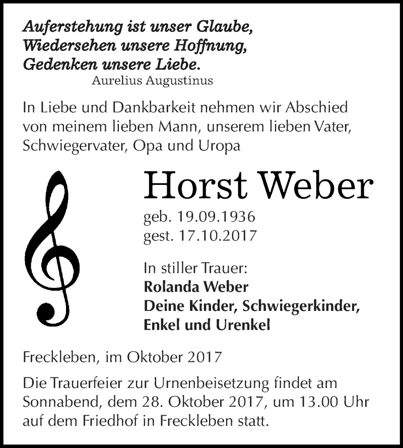  Traueranzeige für Horst Weber vom 25.10.2017 aus Super Sonntag Aschersleben
