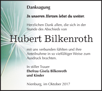 Traueranzeige von Hubert Bilkenroth von Mitteldeutsche Zeitung Bernburg