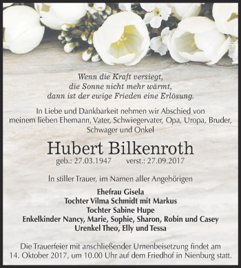 Traueranzeige von Hubert Bilkenroth von Super Sonntag Bernburg