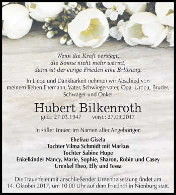 Traueranzeige von Hubert Bilkenroth von Mitteldeutsche Zeitung Bernburg