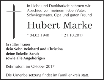 Traueranzeige von Hubert Marke von Super Sonntag Zeitz