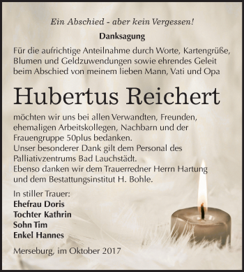 Traueranzeige von Hubertus Reichert von Mitteldeutsche Zeitung Merseburg/Querfurt