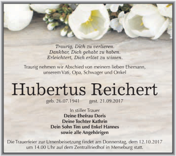Traueranzeige von Hubertus Reichert von WVG - Wochenspiegel Merseburg