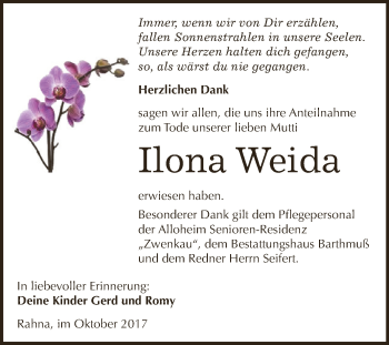 Traueranzeige von Ilona Weida von WVG - Wochenspiegel NMB / WSF / ZTZ