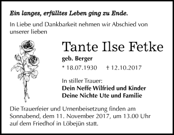 Traueranzeige von Ilse Fetke von Mitteldeutsche Zeitung Halle/Saalkreis