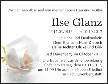 Traueranzeige von Ilse Glanz von Mitteldeutsche Zeitung Merseburg/Querfurt