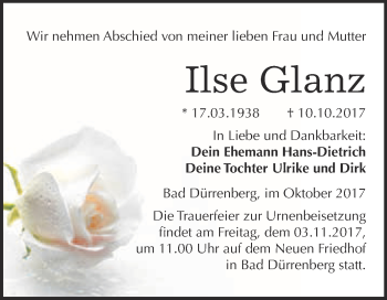 Traueranzeige von Ilse Glanz von Super Sonntag Merseburg