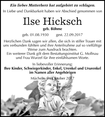 Traueranzeige von Ilse Hicksch von Mitteldeutsche Zeitung Merseburg/Querfurt