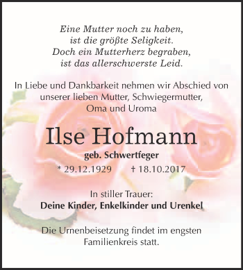 Traueranzeige von Ilse Hofmann von WVG - Wochenspiegel Bitterfeld