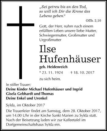 Traueranzeige von Ilse Hufenhäuser von Mitteldeutsche Zeitung