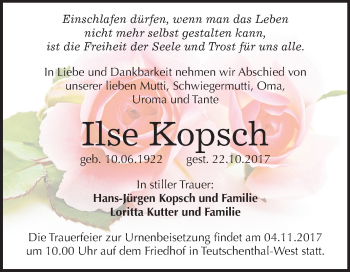 Traueranzeige von Ilse Kopsch von Mitteldeutsche Zeitung Halle/Saalkreis