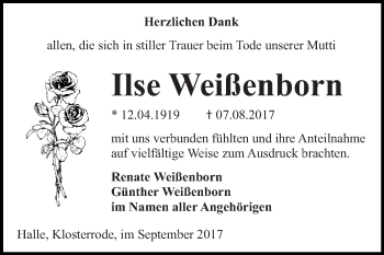 Traueranzeige von Ilse Weißenborn von Super Sonntag SGH Mansf. Land