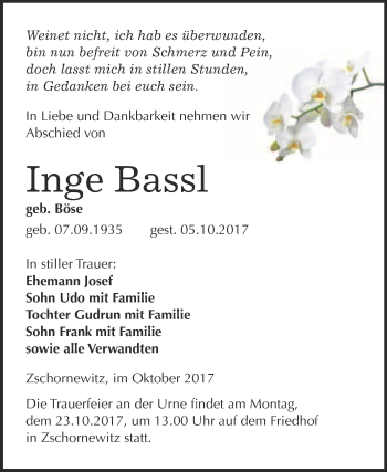 Traueranzeige von Inge Bassl von WVG - Wochenspiegel Wittenberg