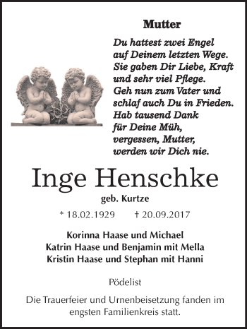 Traueranzeige von Inge Henschke von Mitteldeutsche Zeitung