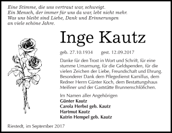 Traueranzeige von Inge Kautz von WVG - Wochenspiegel SGH