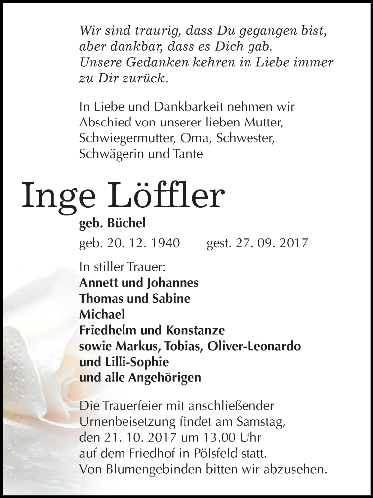  Traueranzeige für Inge Löffler vom 07.10.2017 aus Mitteldeutsche Zeitung