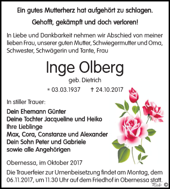 Traueranzeige von Inge Olberg von Mitteldeutsche Zeitung Weißenfels