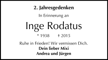 Traueranzeige von Inge Rodatus von Mitteldeutsche Zeitung Aschersleben