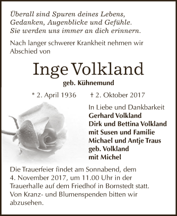 Traueranzeige von Inge Volkland von Super Sonntag SGH Mansf. Land