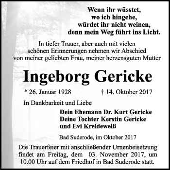 Traueranzeige von Ingeborg Gericke von WVG - Wochenspiegel Quedlinburg