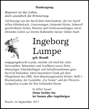 Traueranzeige von Ingeborg Lumpe von Mitteldeutsche Zeitung Bitterfeld